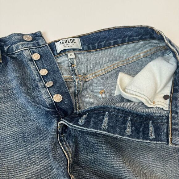 Agolde Quinn High Rise Medium Wash Distressed Mini Skirt size 25 m1 - Picture 7 of 7